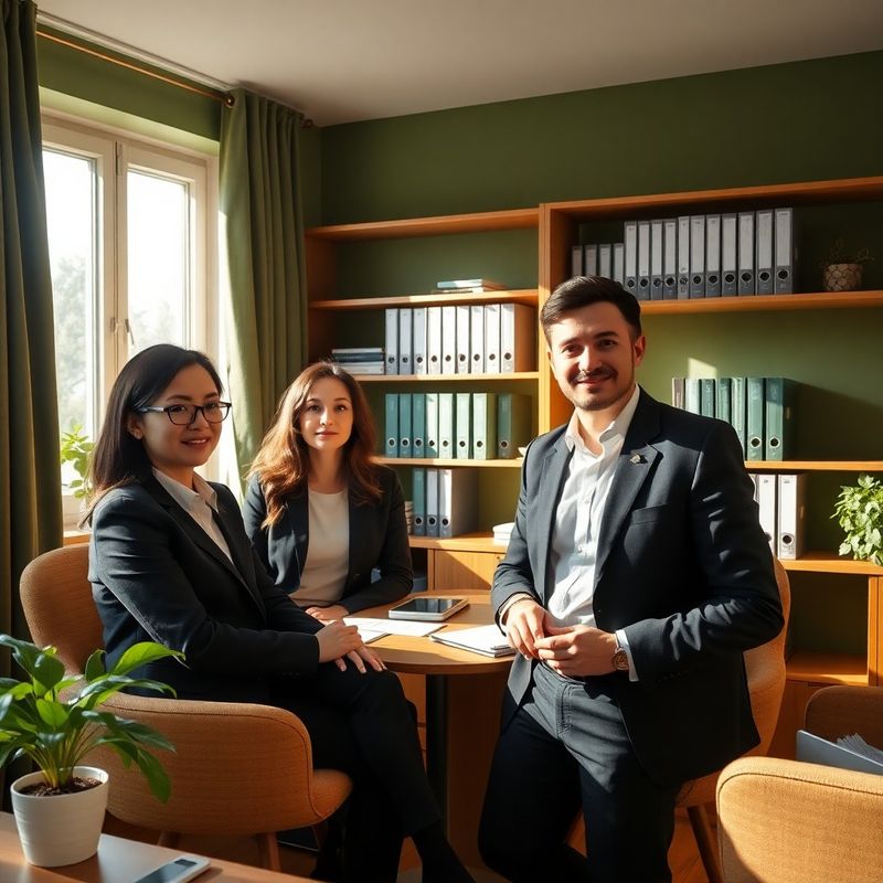 Echipa ExecutiveFramework într-un birou cu accente verde forest și crem cald